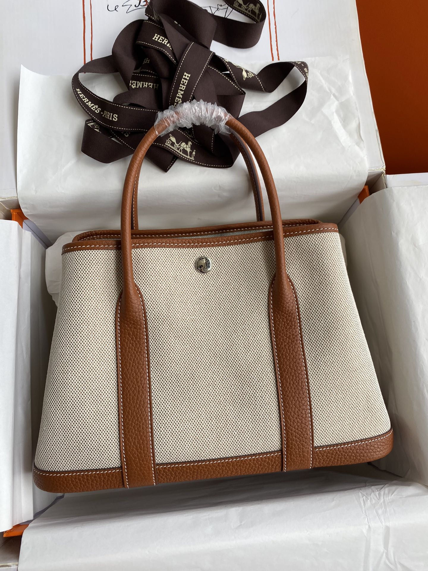 Hermes Garden Party 30cm Canvas Tote Handbag In Brown Clemence Leather